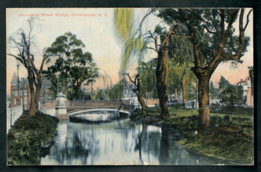 Coloured postcard of Gloucester Street Bridge Christchurch. - 48475 - Postcard image 0