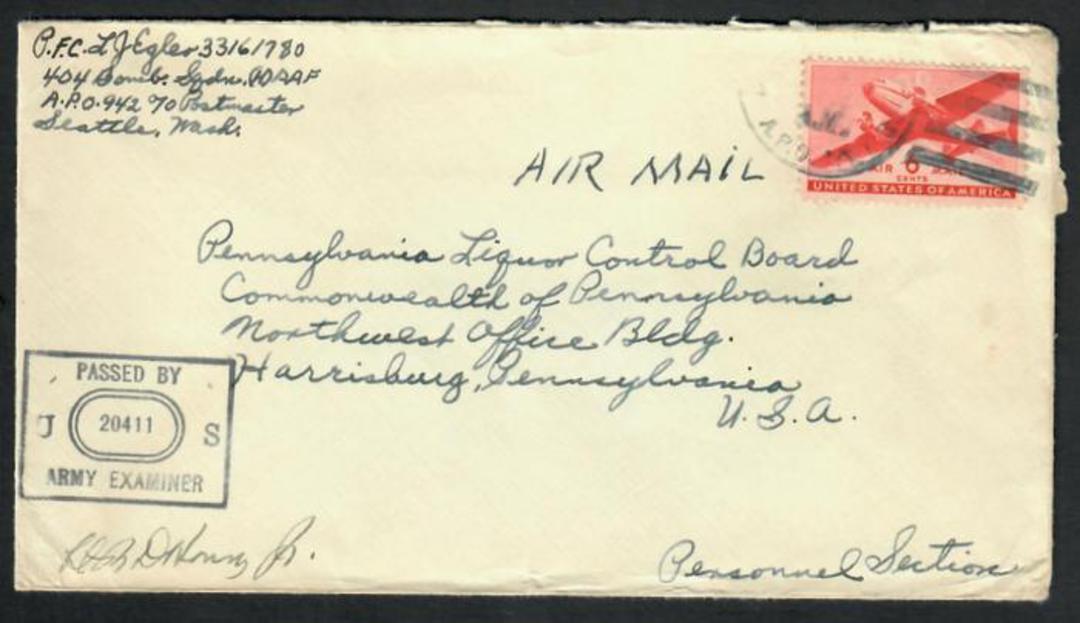 USA 1944 Airmail Letter from army serviceman. Postmark US Army Postal Service . Passed by Army Examiner 20411. image 0