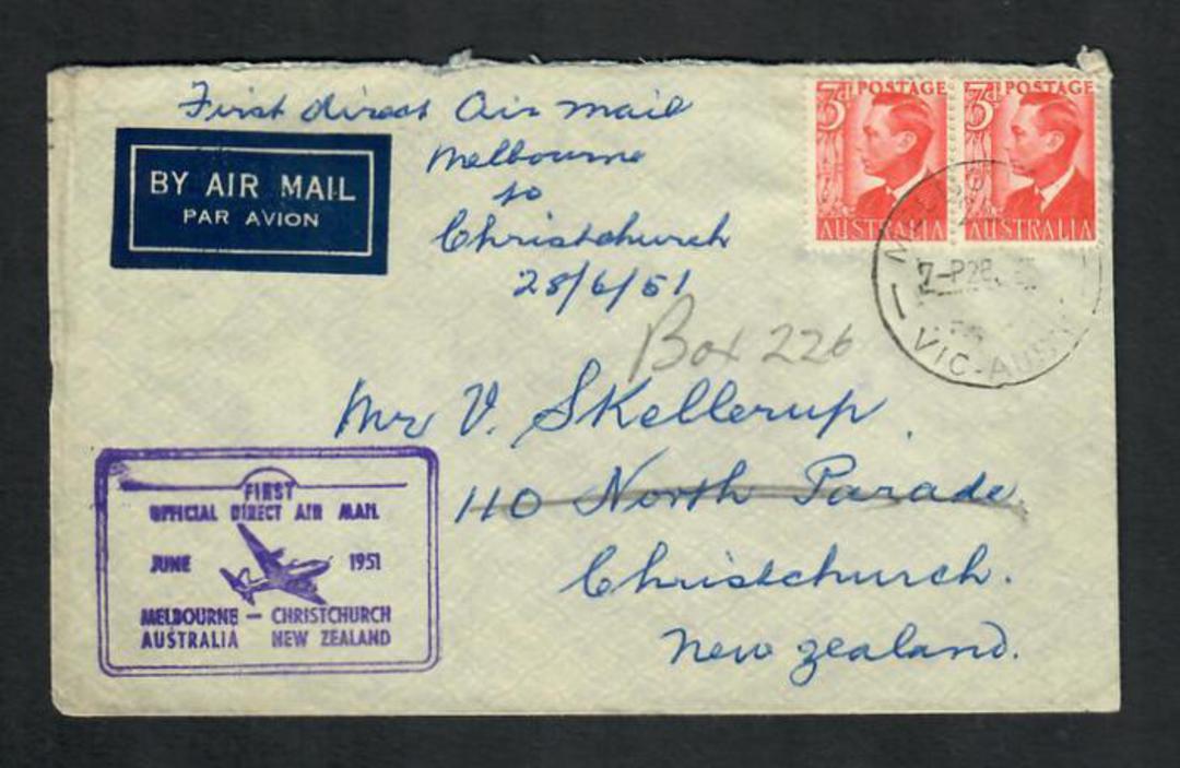 AUSTRALIA 1951 First Official Direct Airmail Melbourne to Christchurch. - 32298 - PostalHist image 0