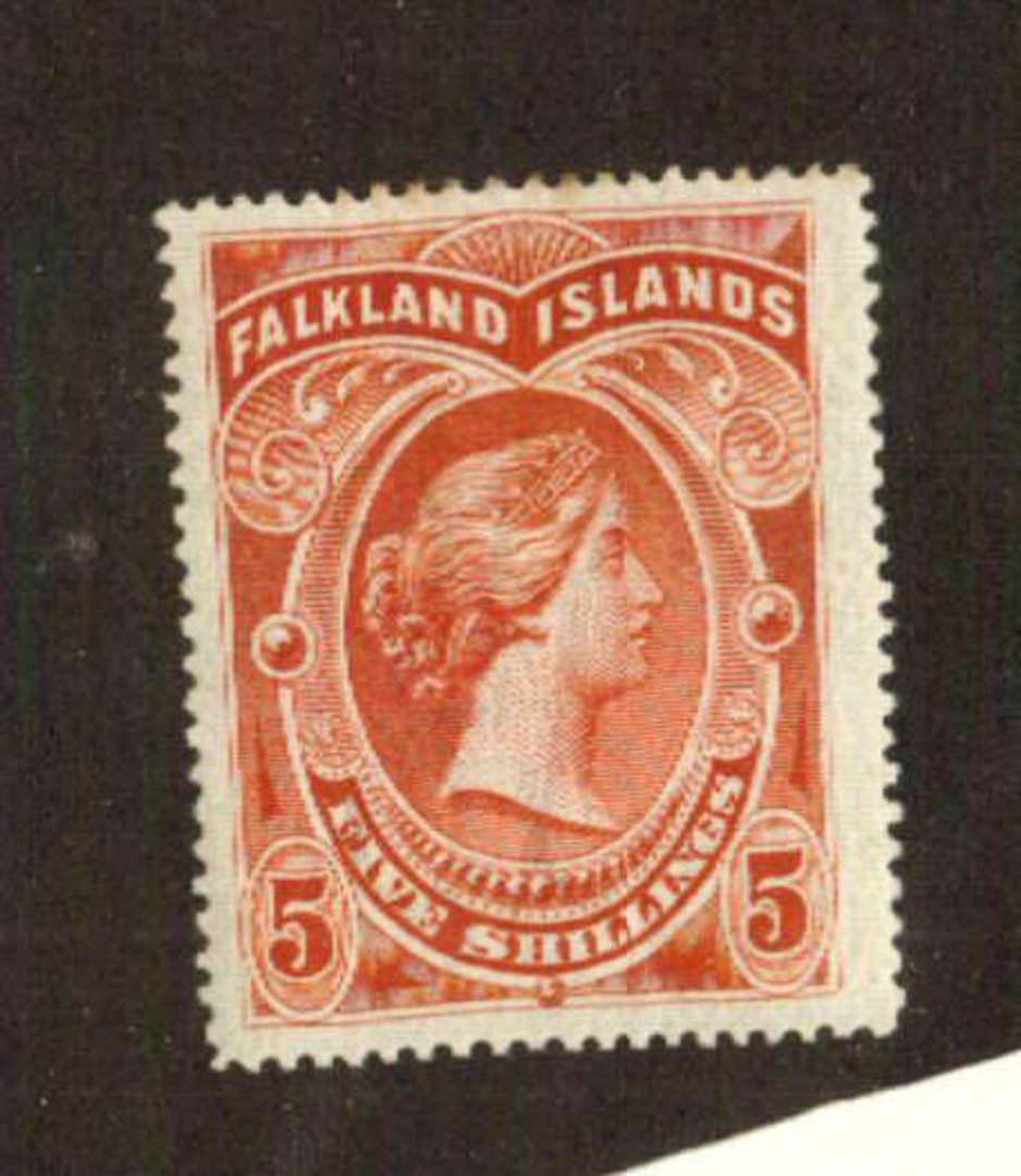 FALKLAND ISLANDS 1898 Victoria 1st Definitive 5/- Red. Superb copy. Light hinge remains. - 71343 - Mint image 0