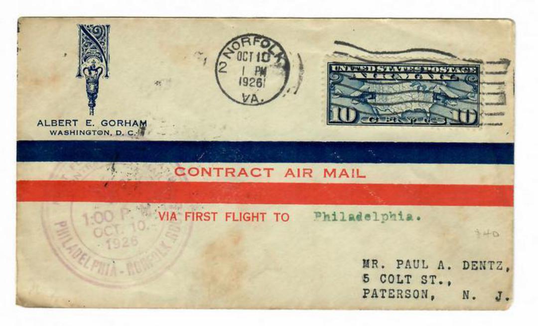 USA 1926 First Flight Norfolk to Philadelphia. - 30139 - PostalHist image 0