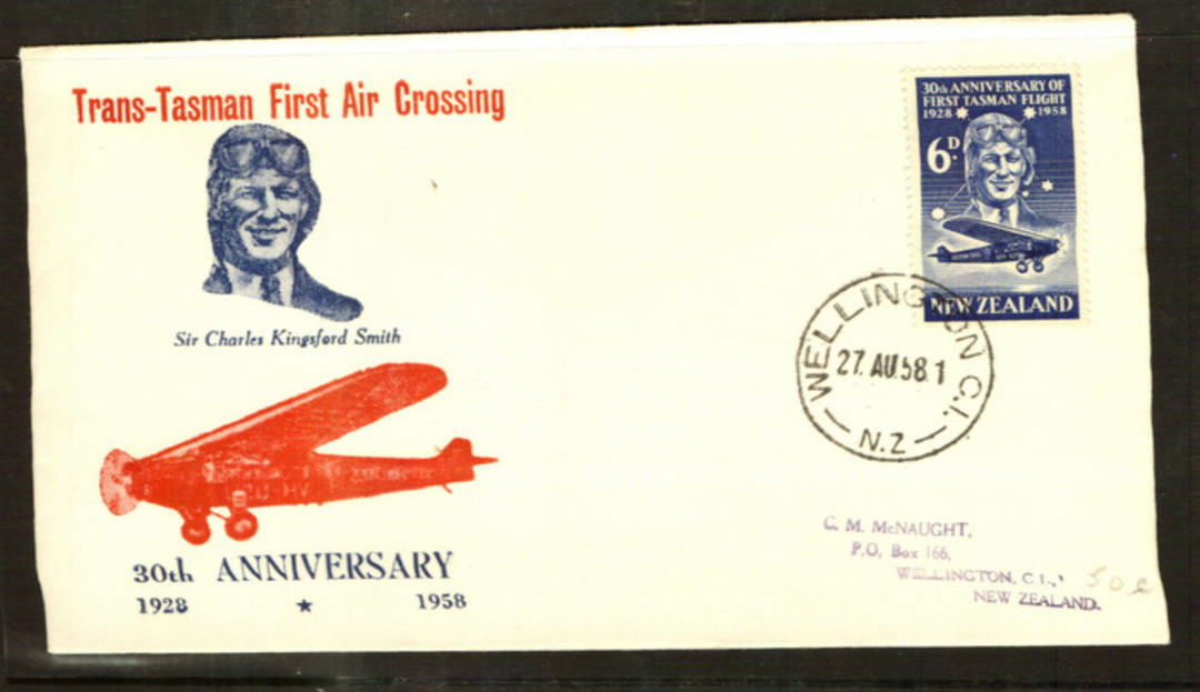 NEW ZEALAND 1958 Kingsford-Smith on two different illustrated first day covers plus the special flight cover dated 14/10/58. - 3 image 1