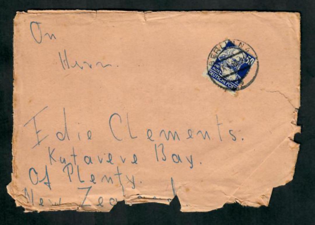 GERMANY 1950 Allied Occupation Letter to New Zealand with cinderella on the reverse. Badly torn. - 31338 - PostalHist image 0
