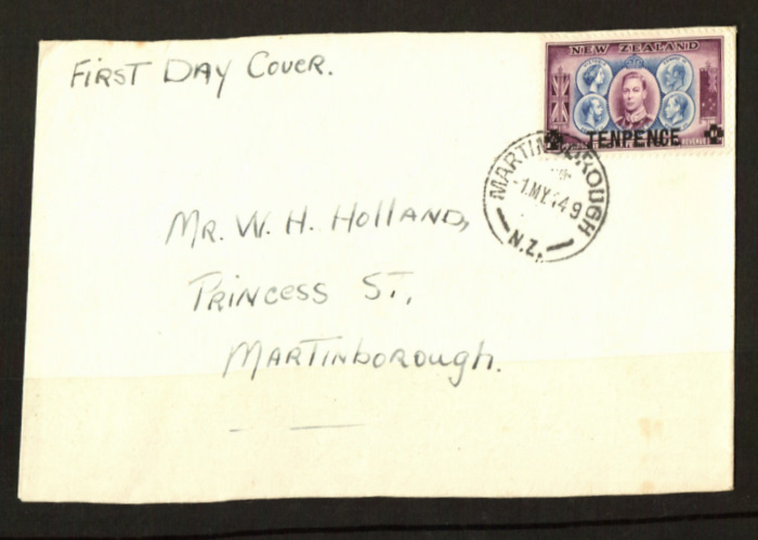 NEW ZEALAND 1944 Cententary Provisional 10d on 1½d Sovreigns on first day cover. - 520252 - FDC image 0