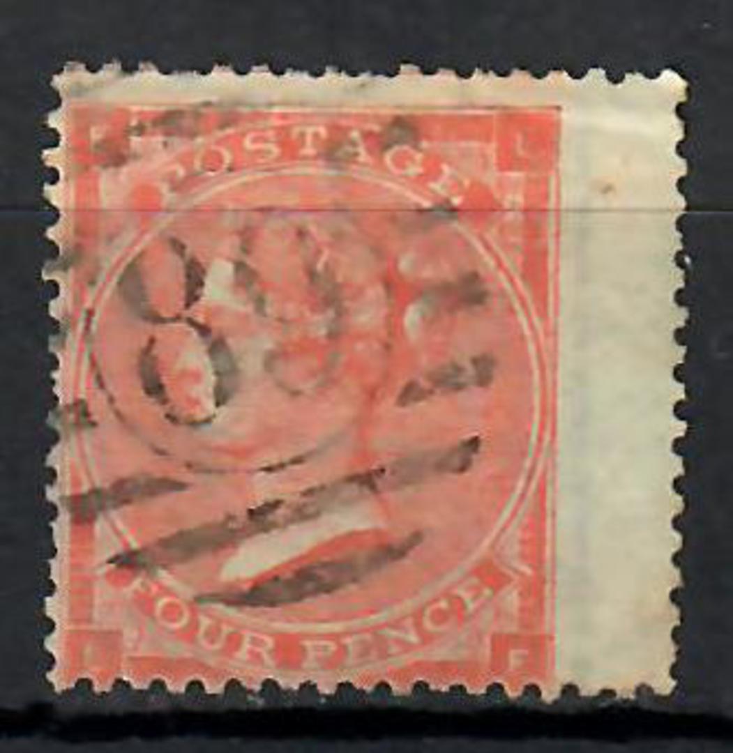 GREAT BRITAIN 1862 4d Pale Red. Some nibbled perfs at top. Right wing margin. Letters LFFL. Postmark 89 in circle in bars. - 706 image 0