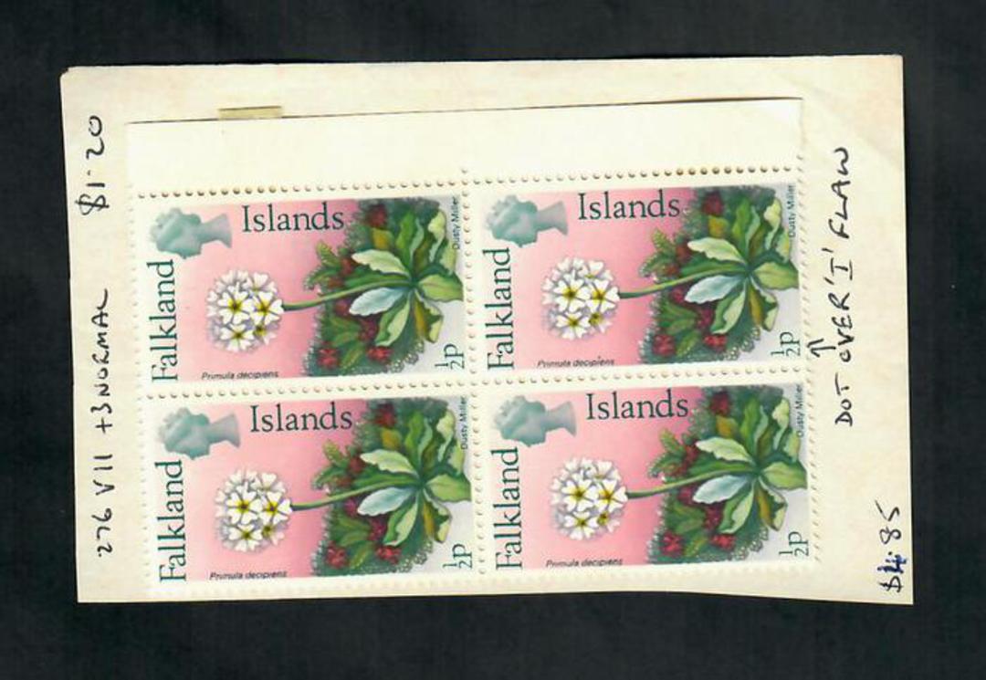 FALKLAND ISLANDS 1986 Definitive ½d Multicoloured. Block of 4 with the variety 'dot over DELIPIENE'. - 50980 - UHM image 0