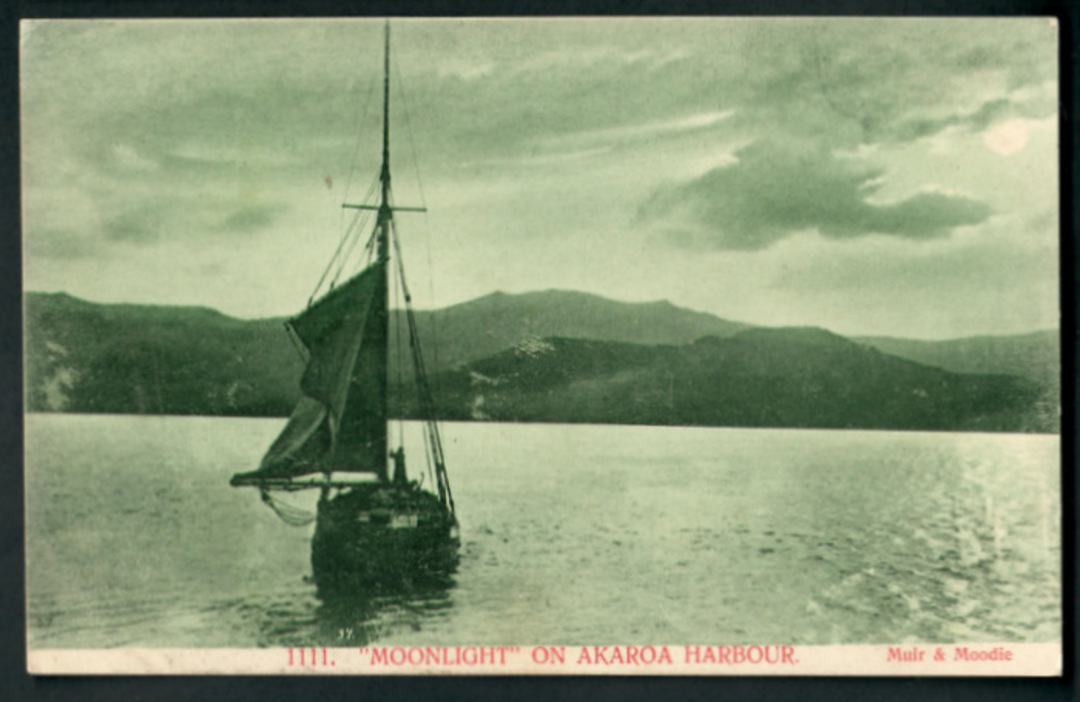 Postcard by Muir & Moodie of moonlight on Akaroa Harbour. - 48288 - Postcard image 0