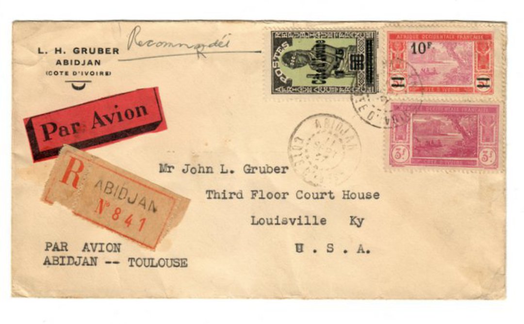 IVORY COAST 1937 Registered Airmail Letter from Abidjan to USA. - 37643 - PostalHist image 0