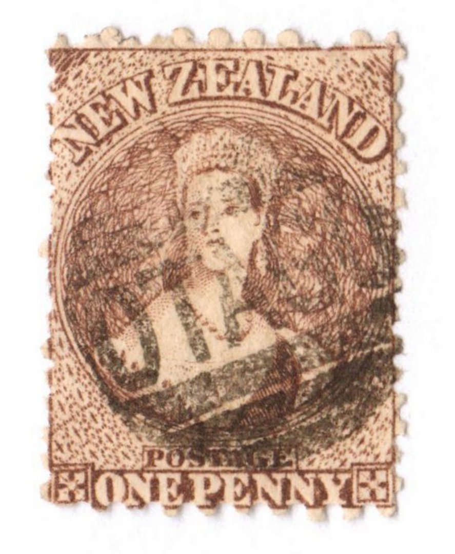 NEW ZEALAND 1862 Full Face Queen 1d Brown. Perf 10x12½. Postmark off face. - 3564 - Used image 0
