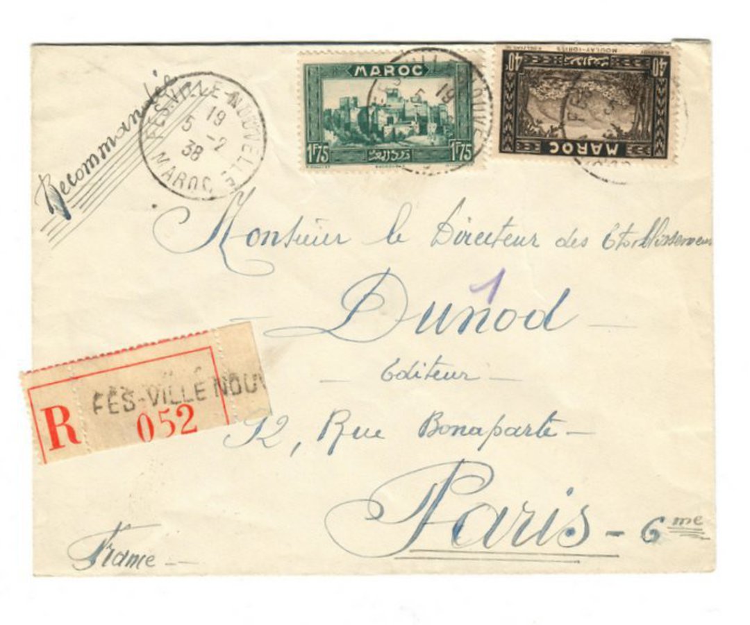 FRENCH MOROCCO 1938 Registered Letter from Fes-Ville Nouvelle to Paris. - 37728 - PostalHist image 0