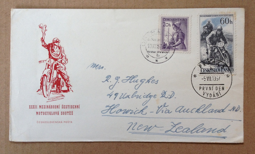CZECHOSLOVAKIA 1957 MotorBike issued on 5/7/1957 on first day cover to New Zealand. - 33798 - FDC image 0