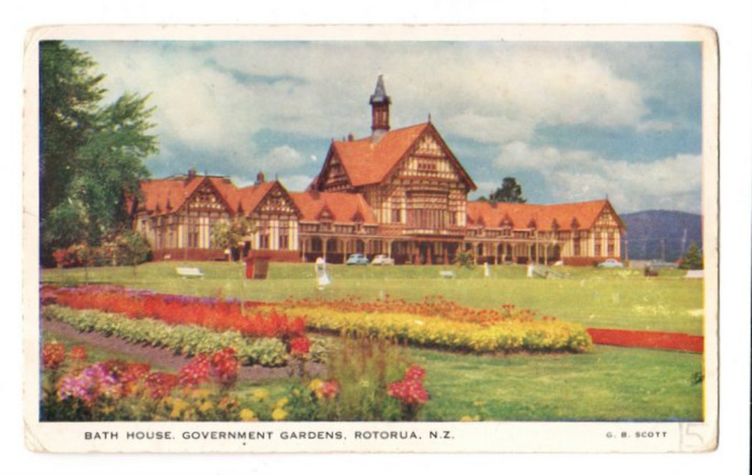 Coloured postcard by G B Scott of Bath House Government Gardens Rotorua. - 46291 - Postcard image 0