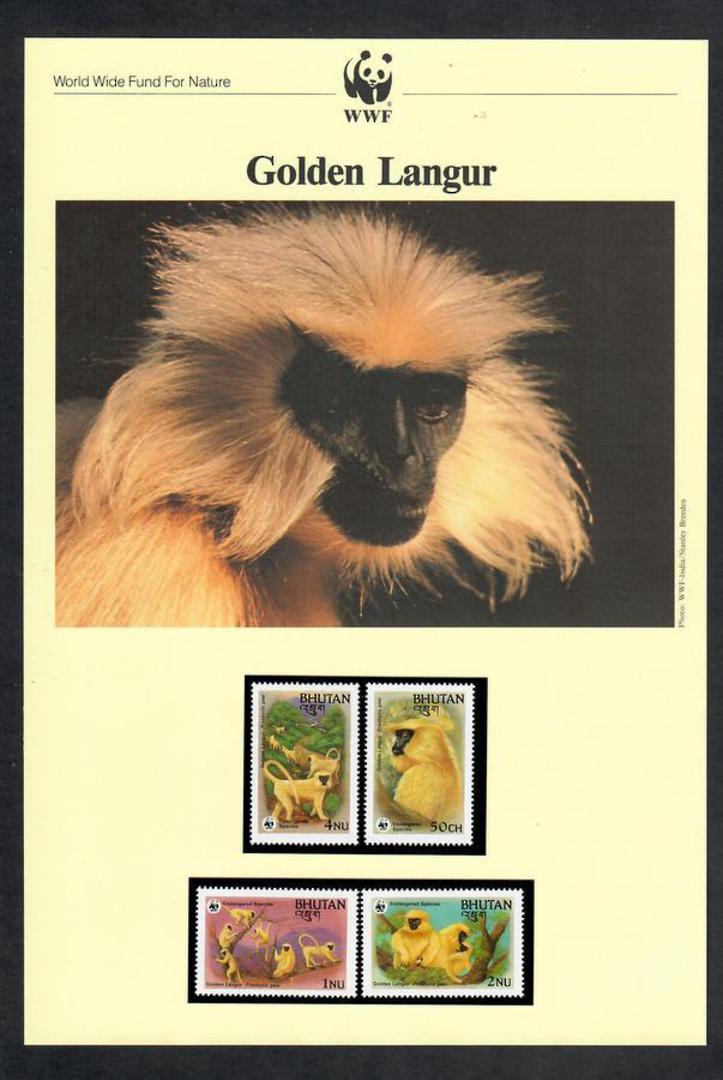 BHUTAN 1984 World Wildfile Fund. Golden Langur. Set of 4 in mint never hinged and on first day covers with 6 pages of official t image 0