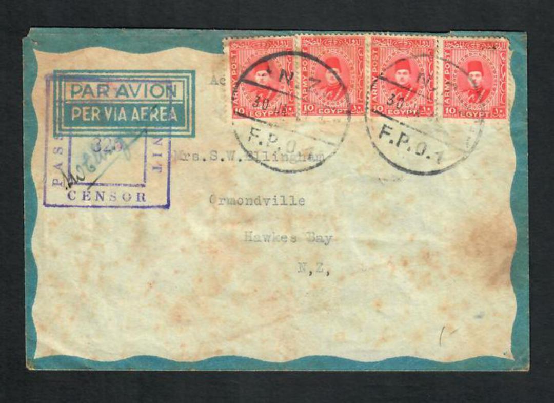 NEW ZEALAND 1940 Letter on YMCA envelope from Egypt to New Zealand.  4 Army Post stamps cancelled by NZ FPO 1 postmark. Square c image 0