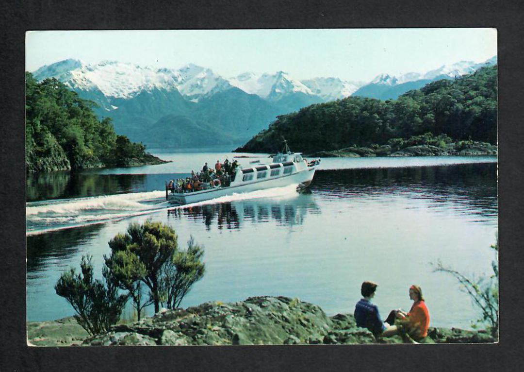 Modern Coloured Postcard by Gladys Goodall of launch on Lake Manapouri. - 444139 - Postcard image 0