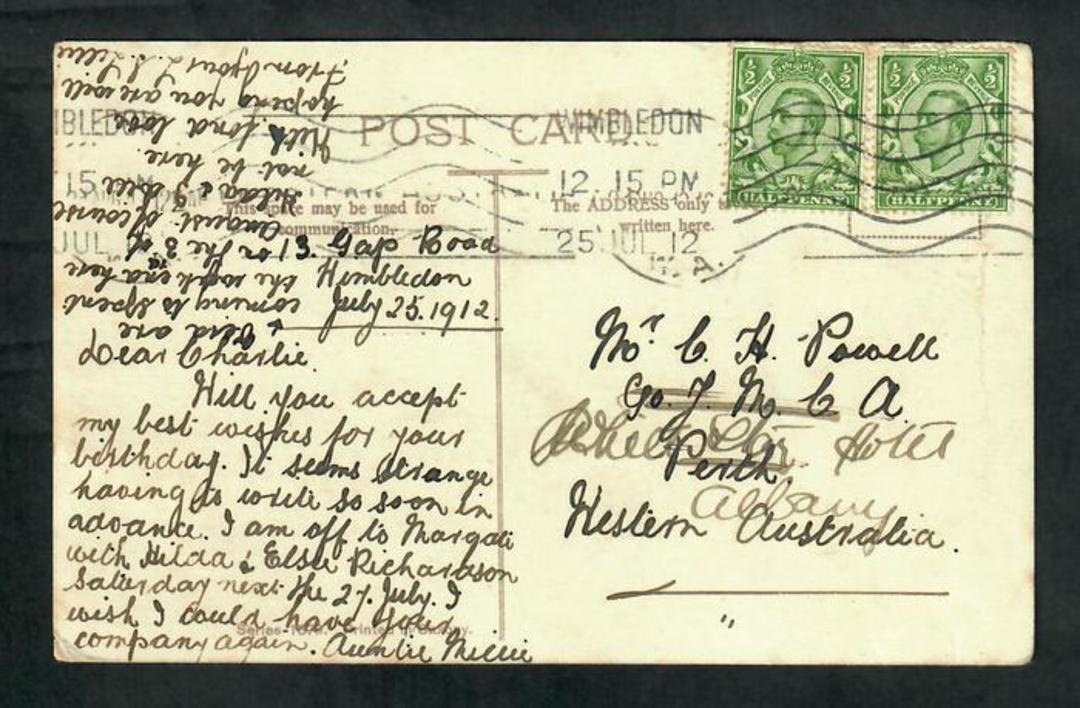 GREAT BRITAIN 1912 Postcard to Western Australia. Poatmark WIMBLEDON. - 30346 - PostalHist image 0