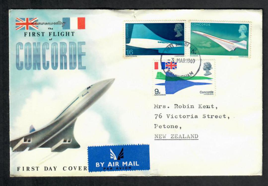 GREAT BRITAIN 1969 First Flight of the Concorde. Set of 3 on first day cover to New Zealand. - 33873 - PostalHist image 1