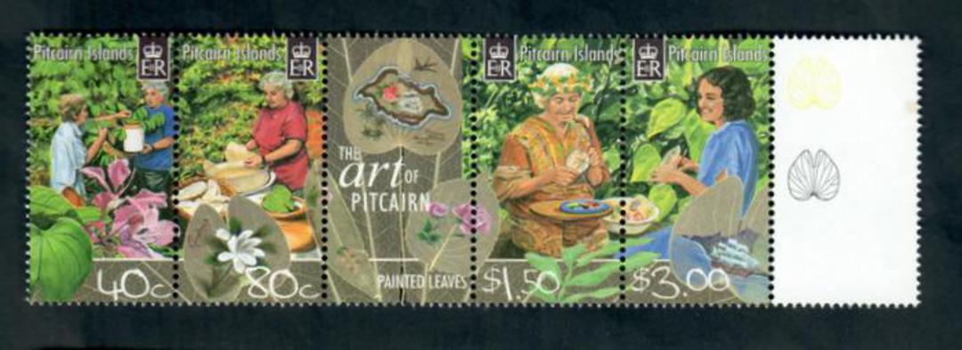 PITCAIRN ISLANDS 2003 Art of Pitcairn. Third series. Painted Leaves. Strip of 4 and label. - 52159 - UHM image 0