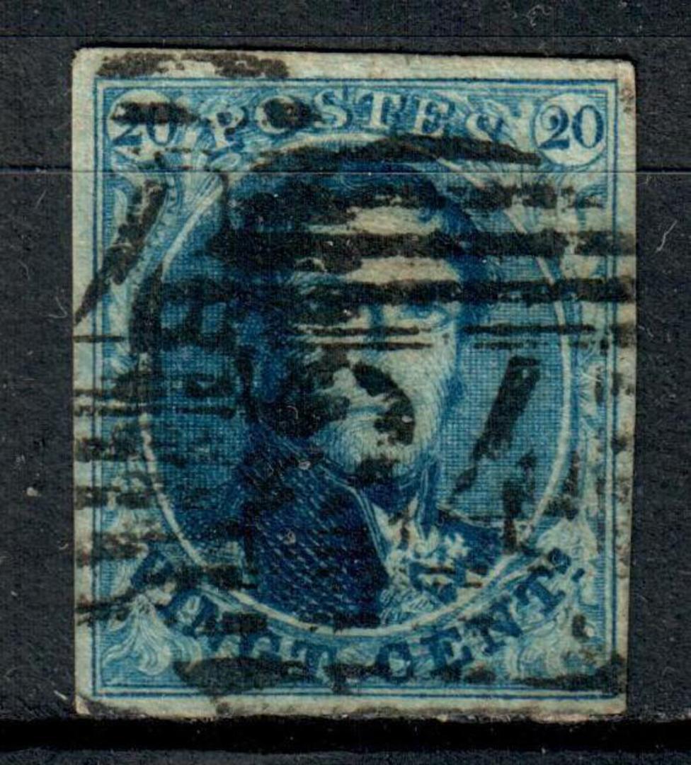 BELGIUM 1849 Definitive 20c Blue. Four good size margins. Typically heavy postmark. - 89260 - Used image 0