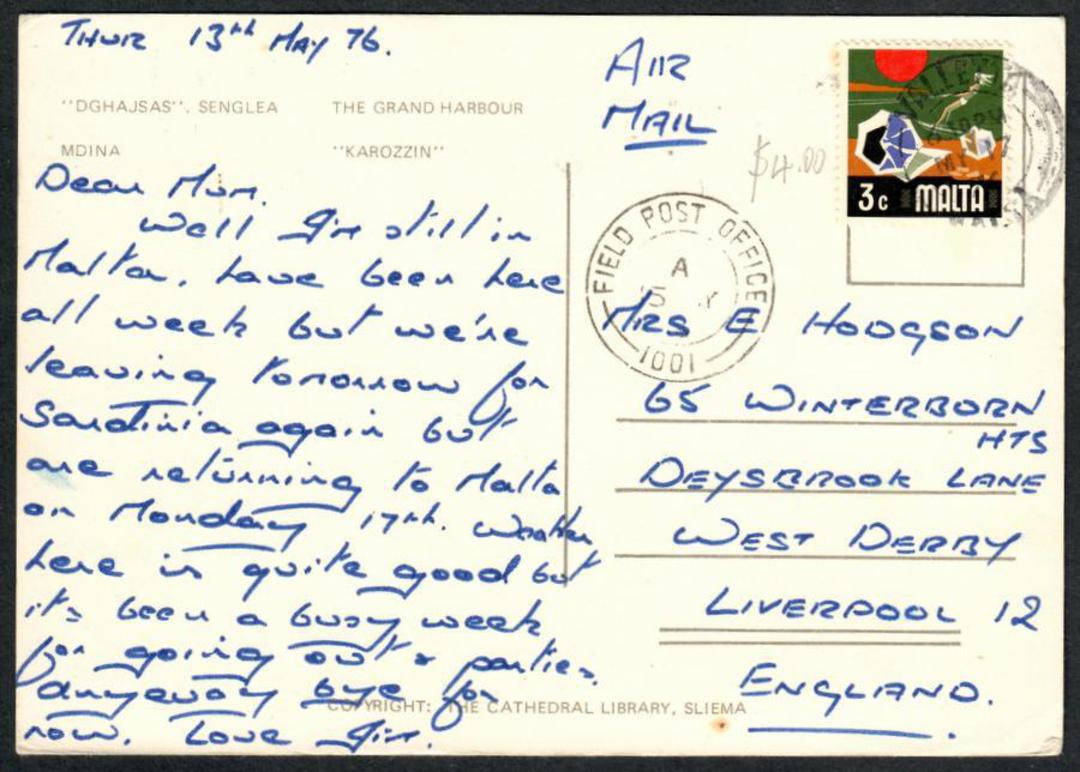 MALTA 1976 Postcard to England. Field Post Office. - 37703 - PostalHist image 0