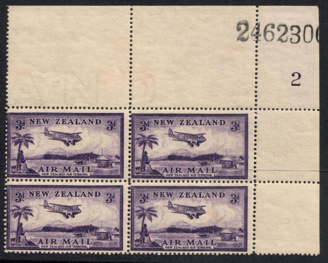 NEW ZEALAND 1935 Airmail 3d Purple. Plate block of 4. Plate 2. - 57814 - UHM image 0
