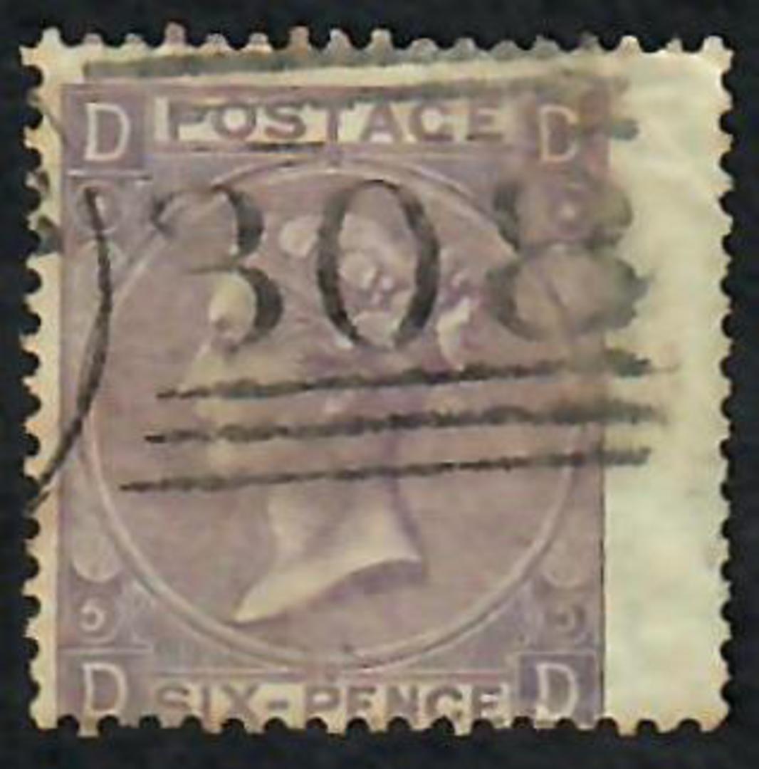 GREAT BRITAIN 1865 Definitive 6d Lilac. Fine used. Right wing margin. Good perfs. Postmark 308 in bars. Light strike. Centred So image 0