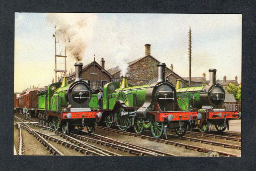 GREAT BRITAIN Coloured postcard of the Up Express changing Engines at Grantham Stirling 2-2-2 No 236 4-2-2 no 53 and 2-4-0 No 70 image 0