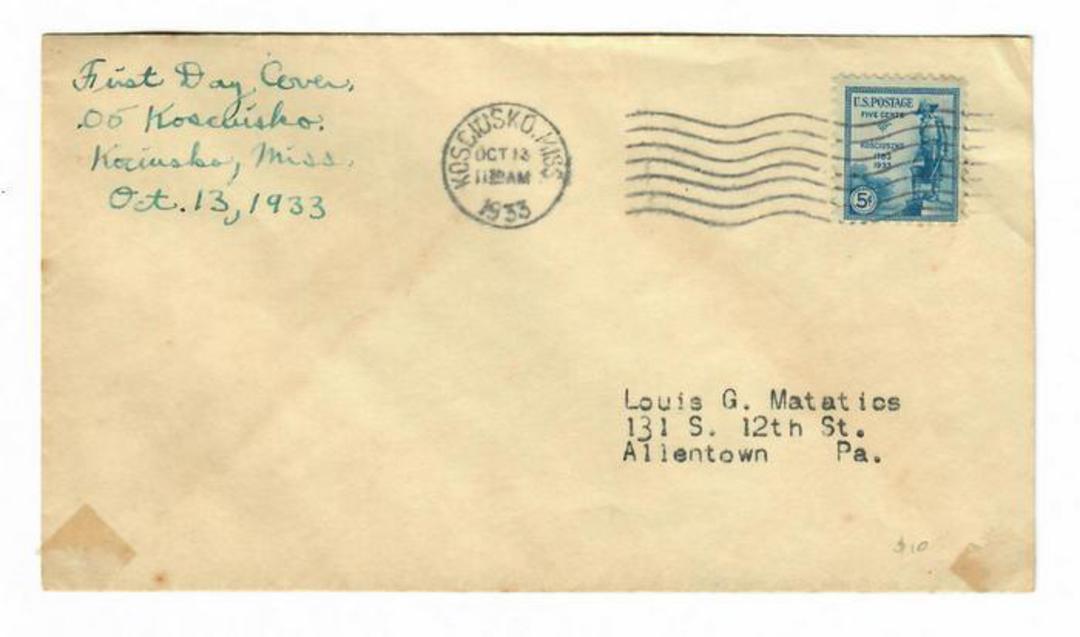 USA 1933 150th Anniversary of the Naturalization of Kosciuzko on first day cover posted from Kosciuzko Kansas. - 31168 - FDC image 0