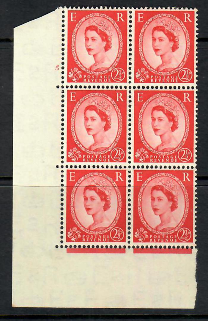 GREAT BRITAIN 1953 Elizabeth 2nd Definitive 2½d Red. Cylinder 5. Block of 6. - 54375 - UHM image 0