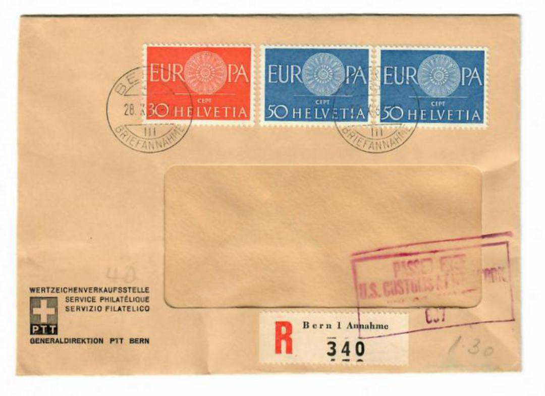 SWITZERLAND 1960 Europa. Set of 2 on registered cover. Interesting cachet PASSED FREE US CUSTOMS AT NEW YORK. - 30439 - PostalHi image 0