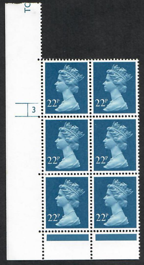 GREAT BRITAIN 1980 Elizabeth 2nd Machin 22p Blue. Cylinder Block 3 with No Dot. - 24416 - UHM image 0