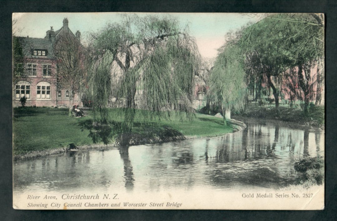 Coloured Postcard of River Avon Christchurch showing the Council Chambers and Worcester Street Bridge. - 48382 - Postcard image 0