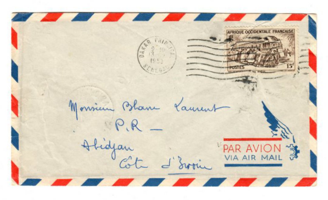 FRENCH WEST AFRICA 1953 Airmail Letter from Dakar Senegal to Abijan Ivory Coast. First Flight Abijan to Paris. - 37566 - PostalH image 0