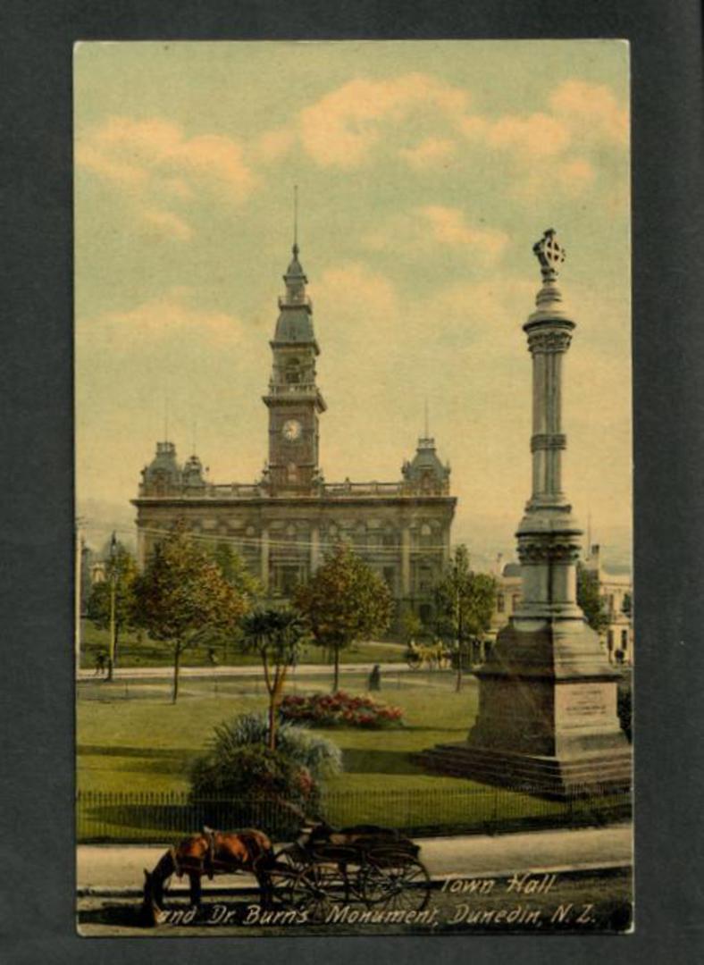 Coloured postcard of Townhall and Dr Burns Memorial Dunedin. - 49171 - Postcard image 0