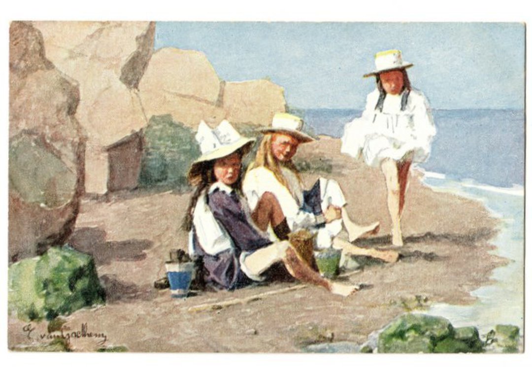 Delightful Art Card by Tuck. After the original drawing by E van Goethan. Quick the Tide is coming. - 43787 - Postcard image 0