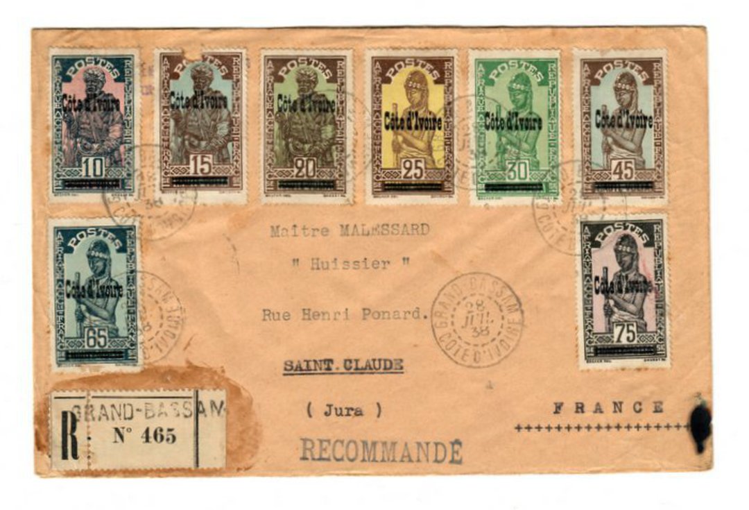IVORY COAST 1938 Registered Airmail Letter from Grand-Bassam to France. - 37630 - PostalHist image 0