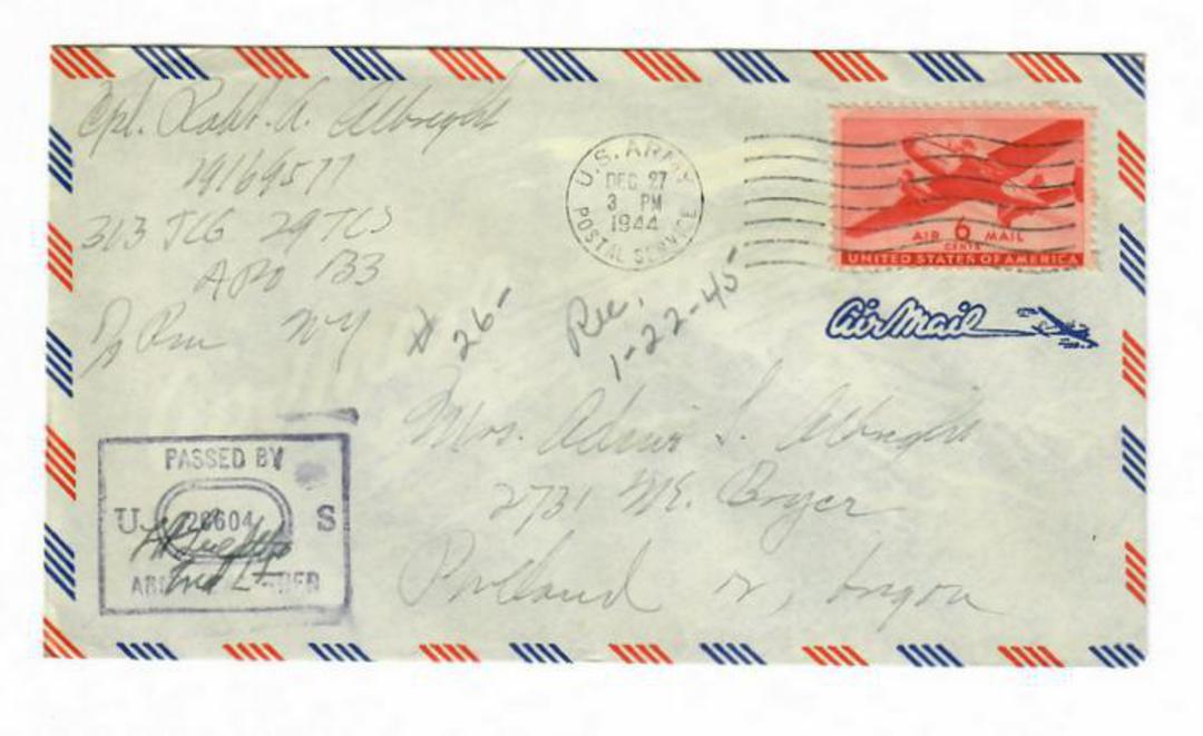USA 1944 Airmail Letter to Oregon. US Army Postal Service. Censor mark. image 0