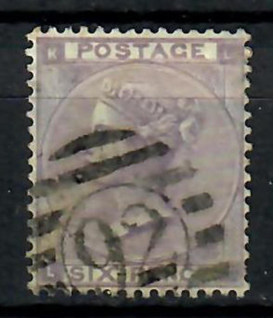 GREAT BRITAIN 1862 Victoria 1st Definitive 6d Lilac. Centred slightly east. Postmark 92 in circle in bars. Letters KLLK. - 70596 image 0