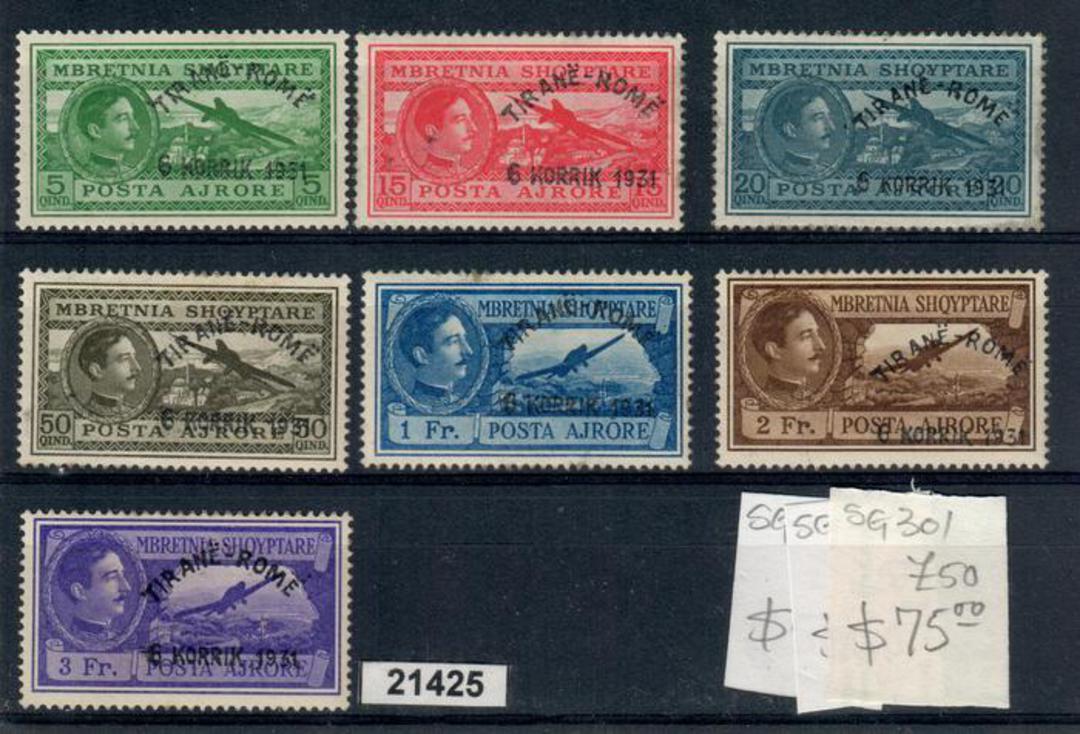 ALBANIA 1931 Tirana-Rome flight. Set of 7  All VLHM.  The 1 fr has a small grease mark on the top perf. Priced accordingly - 214 image 0