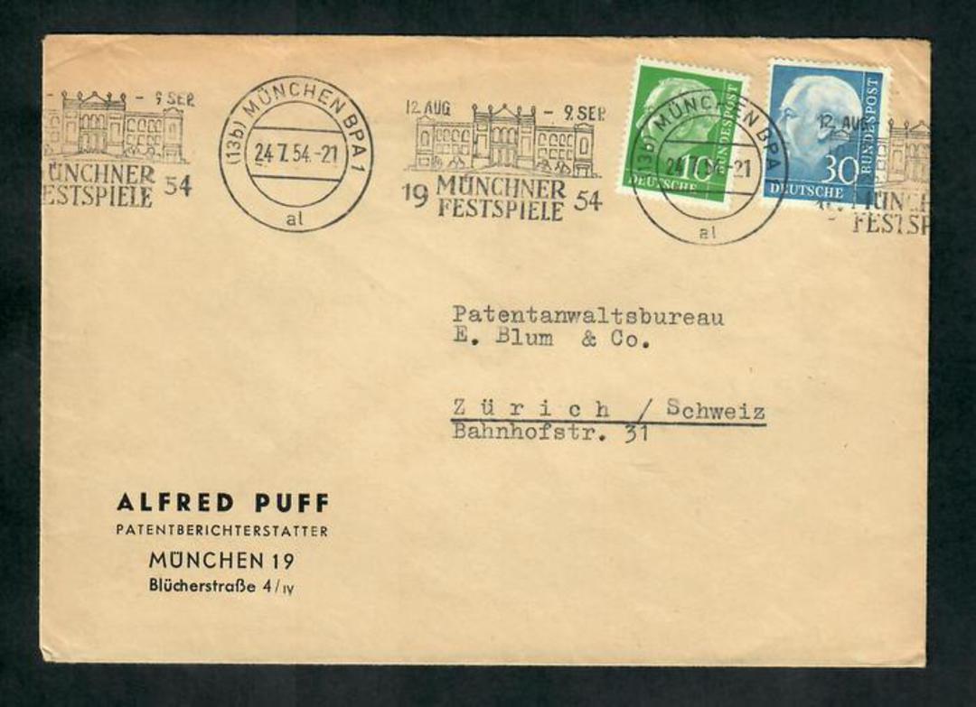 WEST GERMANY 1954 Special Postmark Munich Festival. Cover to Switzerland. - 31337 - PostalHist image 0