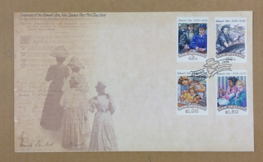 NEW ZEALAND 1993 Women's Vote. Set of 4 on first day cover. - 521087 - FDC image 0