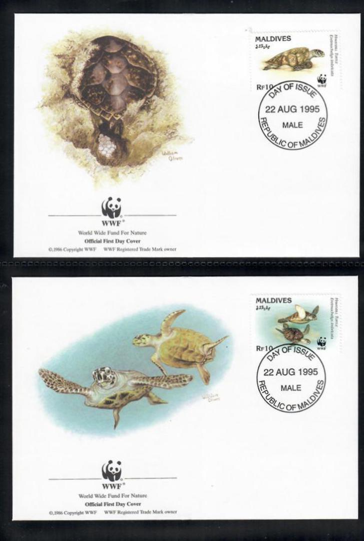 MALDIVE ISLANDS 1995 World Wildlife Fund. Hawkesbill Turtle. Set of 4 in mint never hinged and on first day covers with 6 pages image 1