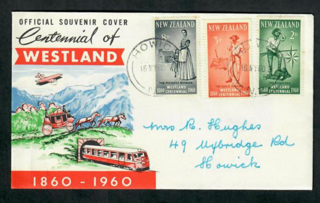 NEW ZEALAND 1960 Centenary of Westland. Set of 3 on illustrated first day cover. - 30770 - FDC image 0