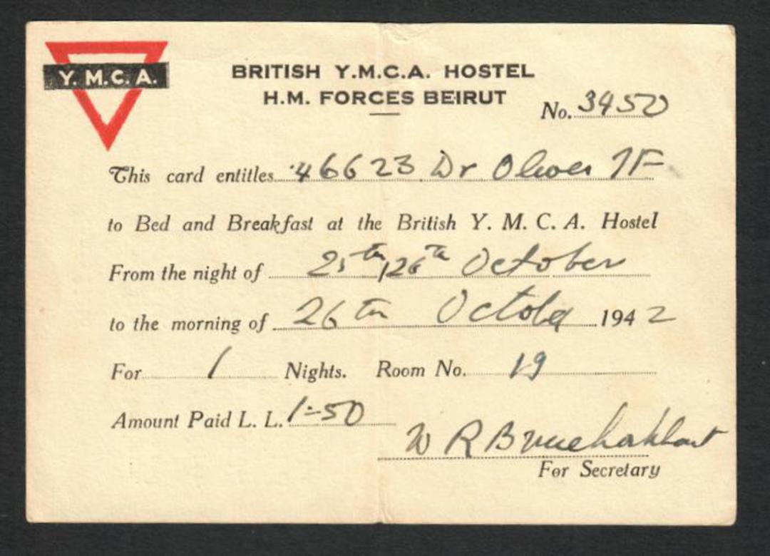 British YMCA Hostel HM Forces Beirut. Hostel pass for New Zealand Army Driver 1942. - 32373 - PostalHist image 0