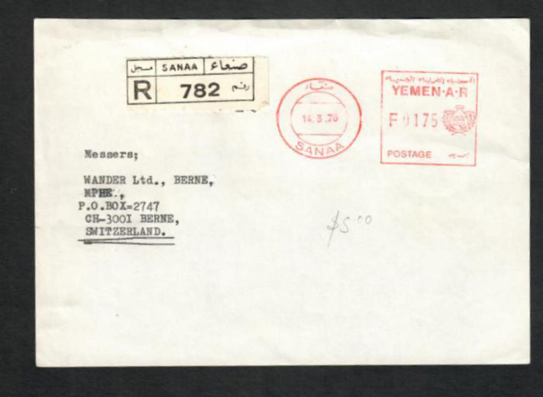 YEMEN ARAB REPUBLIC 1976 cover (front only) to Switzerland. Franked registered front from Sanaa to Berne. - 31202 - PostalHist image 0