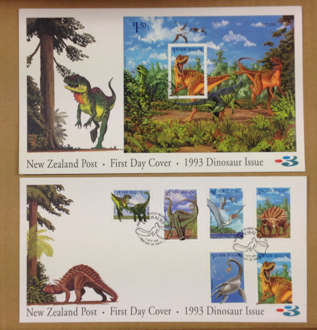 NEW ZEALAND 1993 Dinosaurs. Set of 6 and miniature sheet on first day cover. - 521124 - FDC image 0