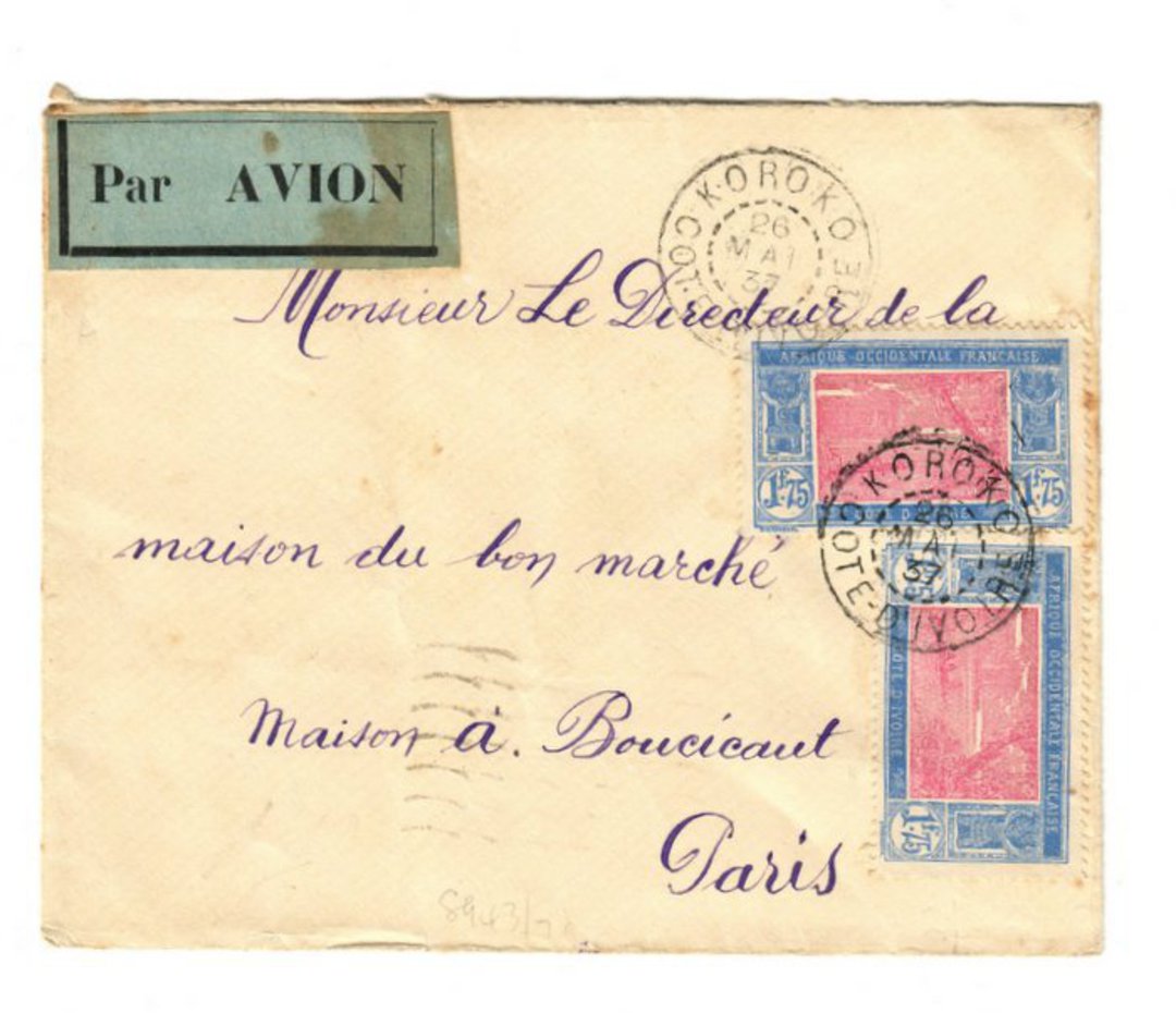 IVORY COAST 1937 Airmail Letter from Koroko to Paris. - 37648 - PostalHist image 0