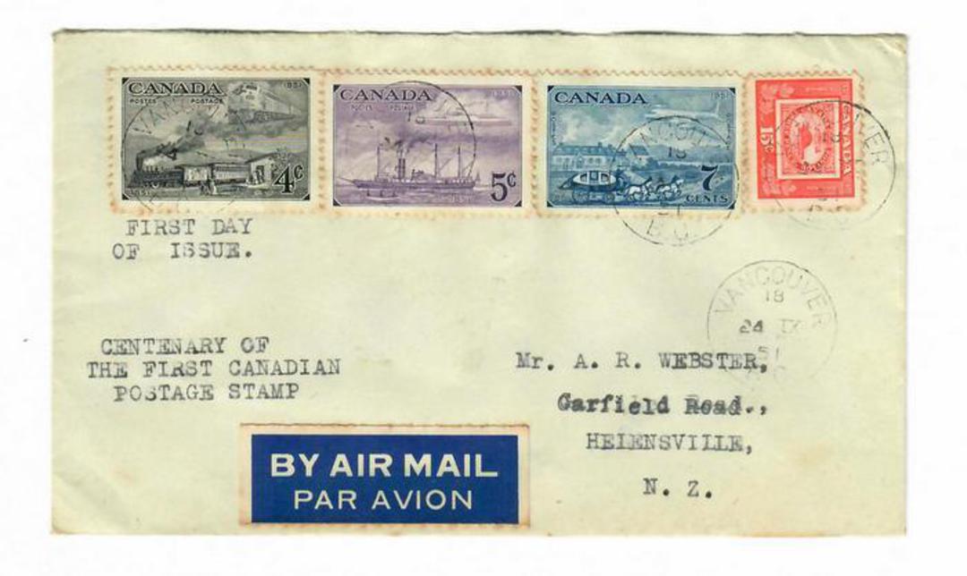 CANADA 1951 Centenary of the First Canadian Stamp. Set of 4 on first day cover airmail to New Zealand. - 32094 - FDC image 0