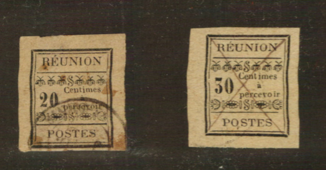 REUNION 1889 Postage Due 20c Black and 30c Black on Toned Paper. The 30c has a fine manuscript cancel. - 76449 - FU image 0