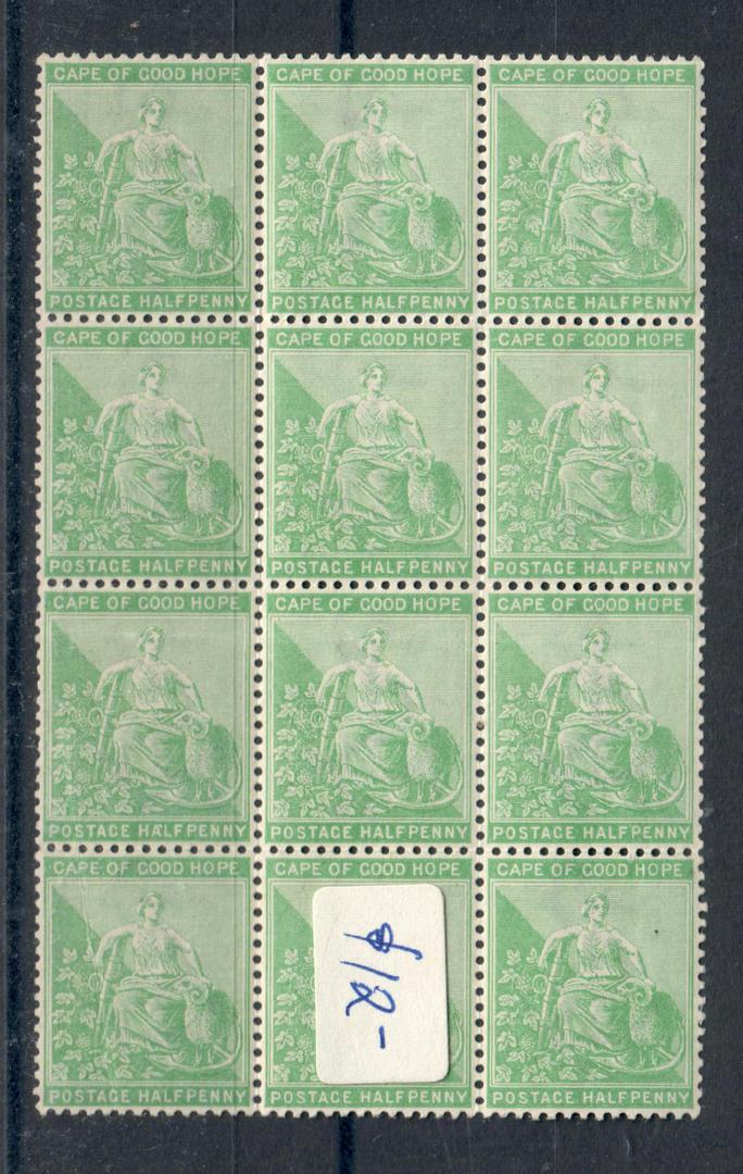 CAPE OF GOOD HOPE 1893 Definitive ½d Green. Lovely block of 12. Crease on two stamps undetectable from the front. - 20779 - UHM image 0